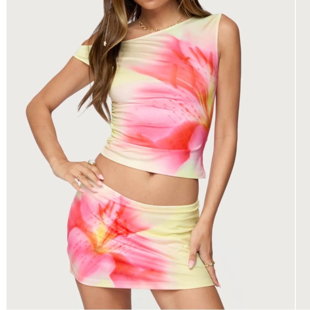 Edikted Tiger Flower Off Shoulder Top and Mini Skort